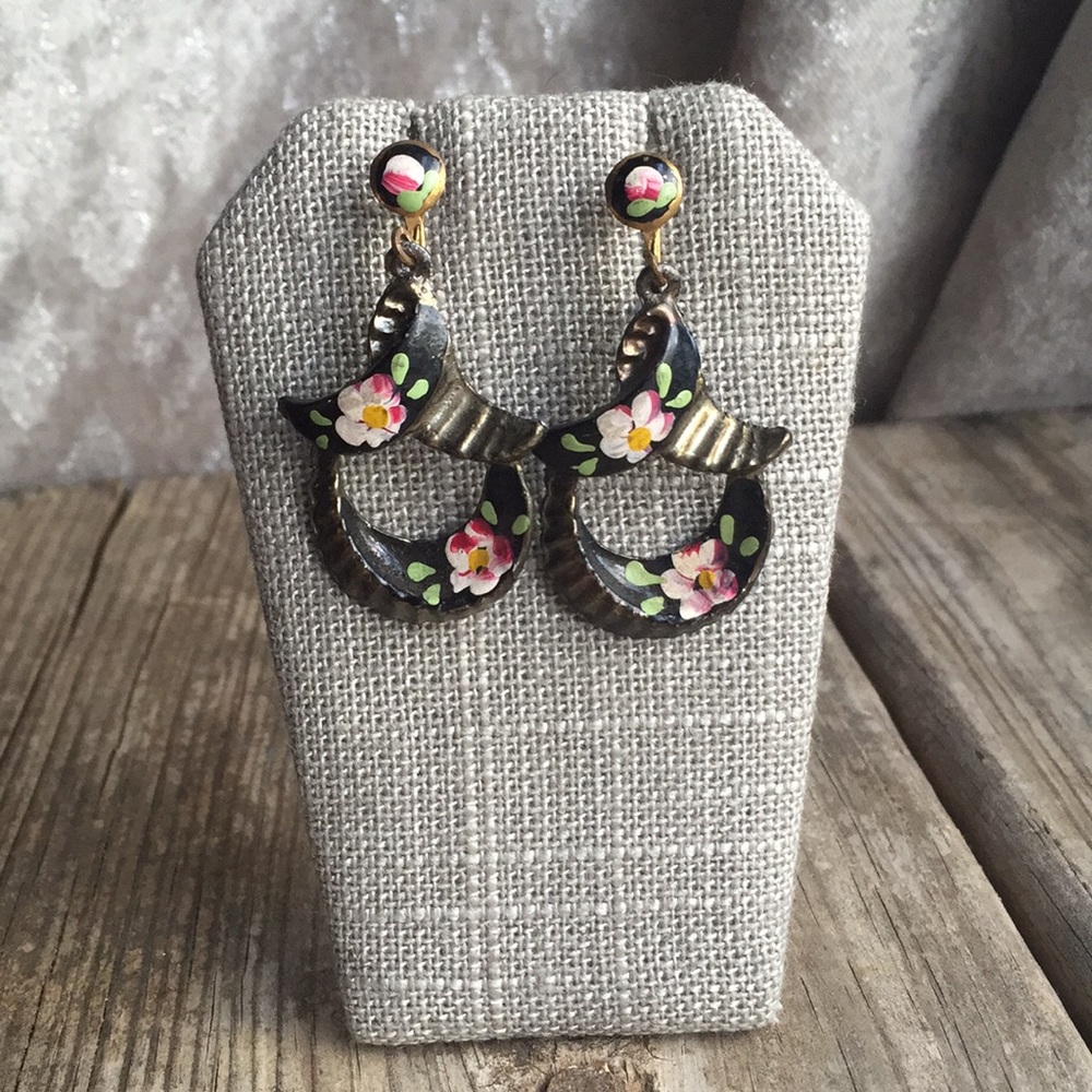 Vintage Russian enamel rose screw on earrings